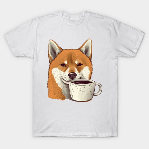 Shiba Inu dog with coffee T-Shirt by bigmomentsdesign